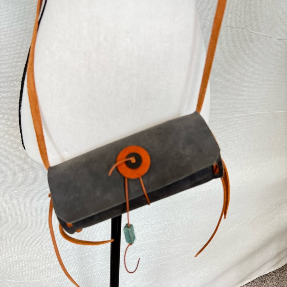 Handmade 100% Leather Gray and Orange Crossbody Bag